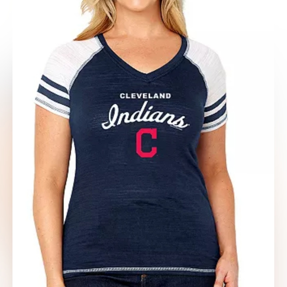Cleveland Indians Women's Navy and White Short Sleeve Tee